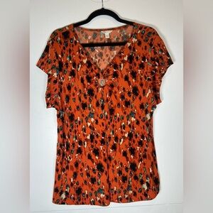 Beautiful Fall Blouse! Burnt Orange Patterned Top w/Touches of Teal & Black.